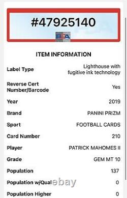 2019 Prizm Patrick Mahomes II #210 PSA 10 GEM MINT Chiefs Super Bowl MVP