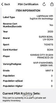 2020 Super Bowl LIV Ticket PSA 9 MINT Chiefs 49ers Mahomes POP 3 None Higher