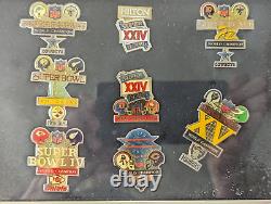 NFL super bowl pins lot in frame Cowboys, Raiders, Chiefs, Vikings, Bears, etc