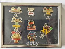 NFL super bowl pins lot in frame Cowboys, Raiders, Chiefs, Vikings, Bears, etc