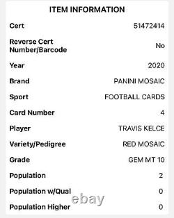 Travis Kelce 2020 Mosaic Red PRIZM PSA 10 Gem Mint Chiefs POP 2