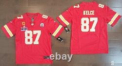 Travis Kelce #87 Chiefs Stitched Home Red F. U. S. E. SB LVIII Jersey withC Patch