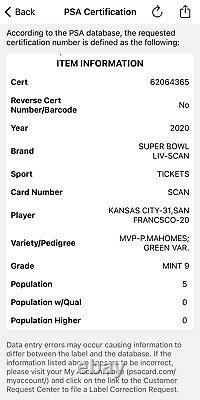 2020 Super Bowl 54 LIV Full Ticket Chefs 49ers Psa 9 Patrick Mahomes Mvp Pop 5