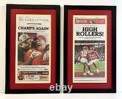 2 2023 et 2024 Kansas City Chiefs Super Bowl Championnats Journaux RÉELS Encadrés