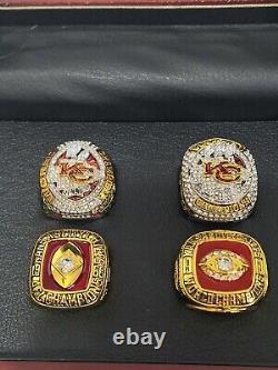 Bagues de championnat répliques des Kansas City Chiefs. 1966, 1969, 2019, 2022.