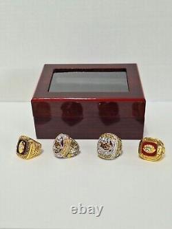 Bagues de championnat répliques des Kansas City Chiefs. 1966, 1969, 2019, 2022.