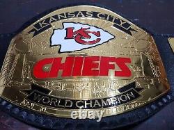 Ceinture de championnat du Super Bowl KC des Kansas City Chiefs, taille adulte en cuir de 2mm avec boucle en laiton.
