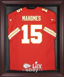 Vainqueurs du Super Bowl LIV des Kansas City Chiefs, maillot encadré en acajou avec logo et vitrine